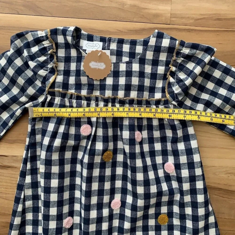 Mud Pie Girl’s Size 4T Blue White Gingham Dot Long Sleeve Tunic Top NWT